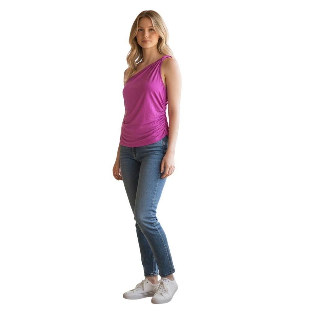 INC International Concepts One Shoulder Braided Strap Ruched Top Dutch Pink M